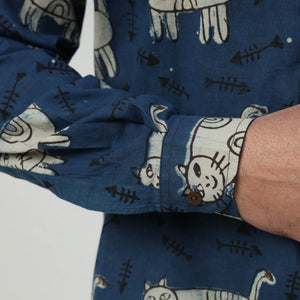 Blue - Bindaas Block Art Printed Cotton Men Full Sleeve Shirt