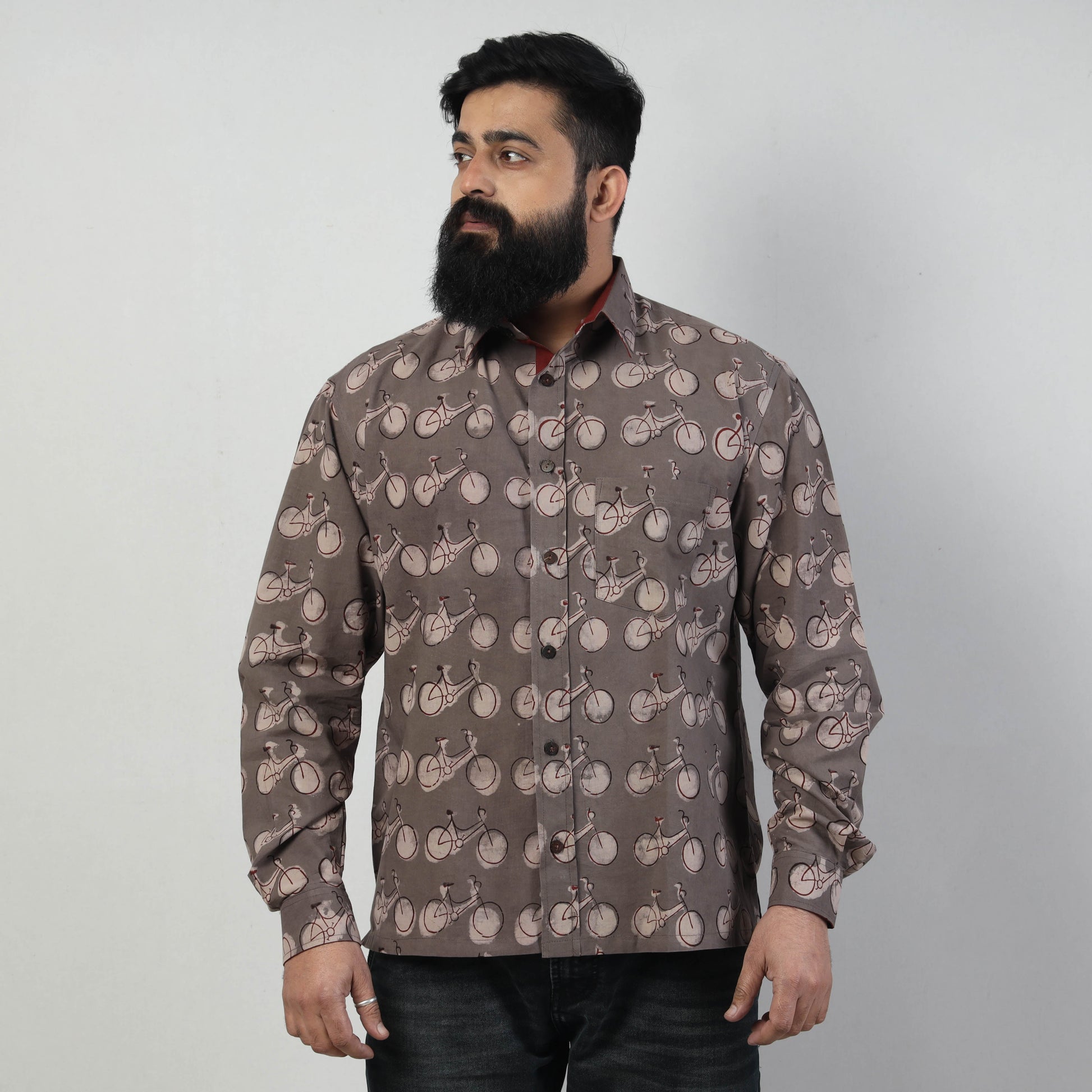 Brown - Bindaas Block Art Printed Cotton Men Full Sleeve Shirt