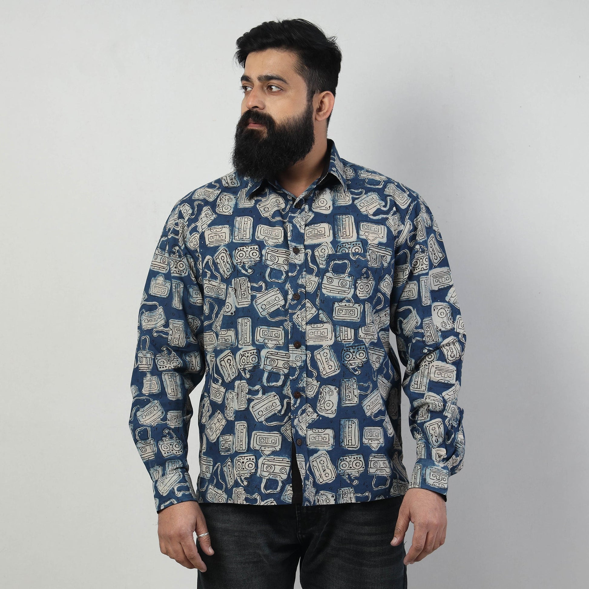 Blue - Bindaas Block Art Printed Cotton Men Full Sleeve Shirt