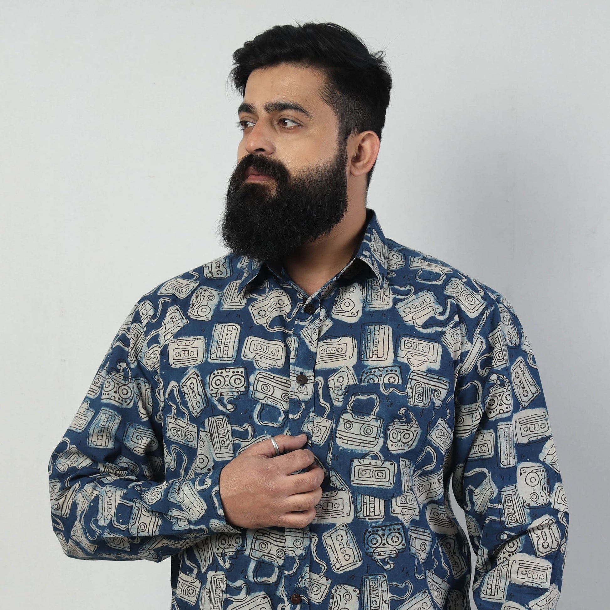 Blue - Bindaas Block Art Printed Cotton Men Full Sleeve Shirt