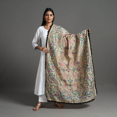 Beige - Hand Embroidery Chanderi Silk Phulkari Dupatta 44