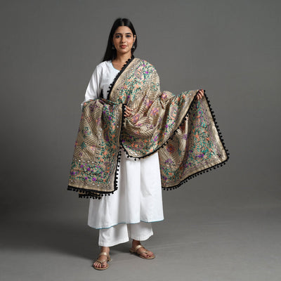 Beige - Hand Embroidery Chanderi Silk Phulkari Dupatta 44
