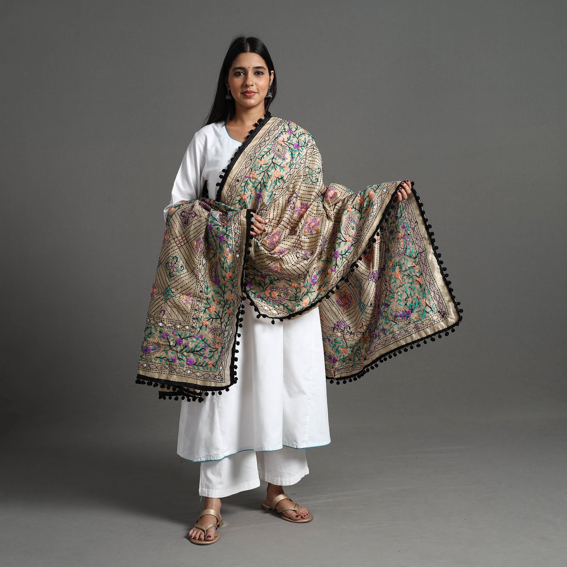 Beige - Hand Embroidery Chanderi Silk Phulkari Dupatta 44
