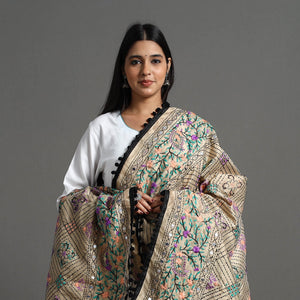Beige - Hand Embroidery Chanderi Silk Phulkari Dupatta 44