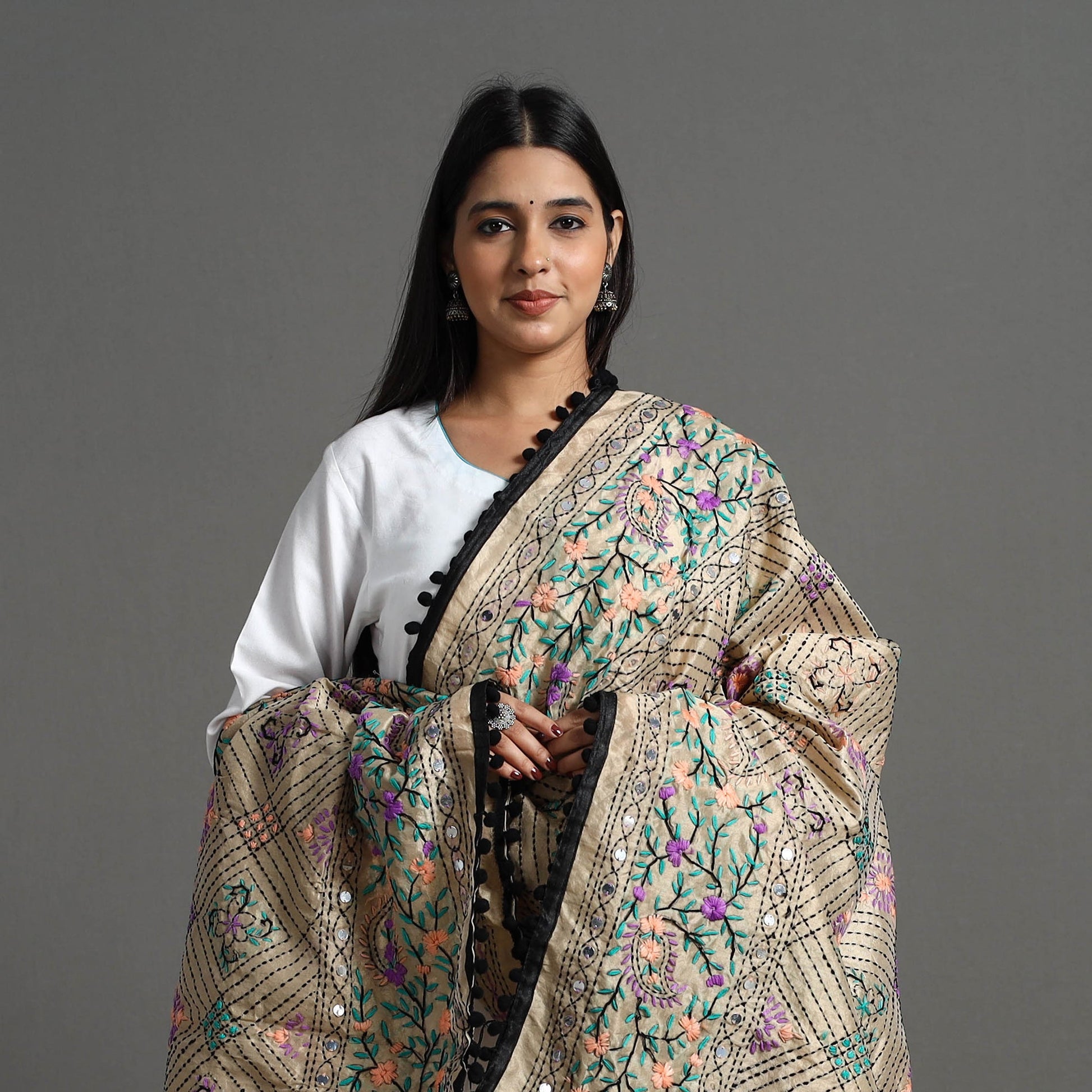 Beige - Hand Embroidery Chanderi Silk Phulkari Dupatta 44