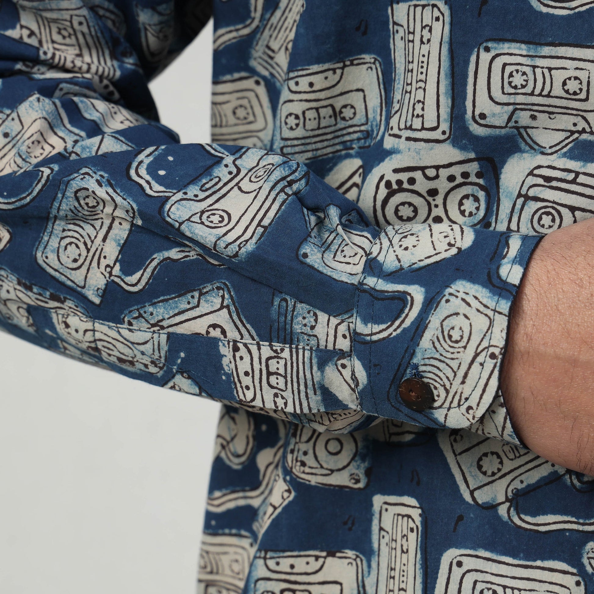 Blue - Bindaas Block Art Printed Cotton Men Full Sleeve Shirt