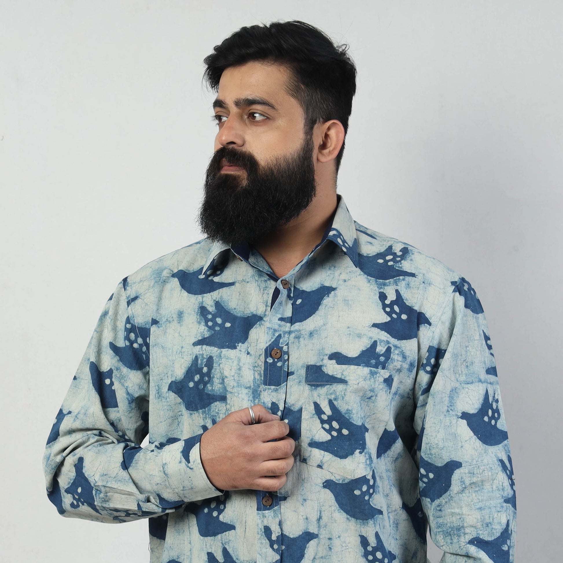 Blue - Bindaas Block Art Printed Cotton Men Full Sleeve Shirt