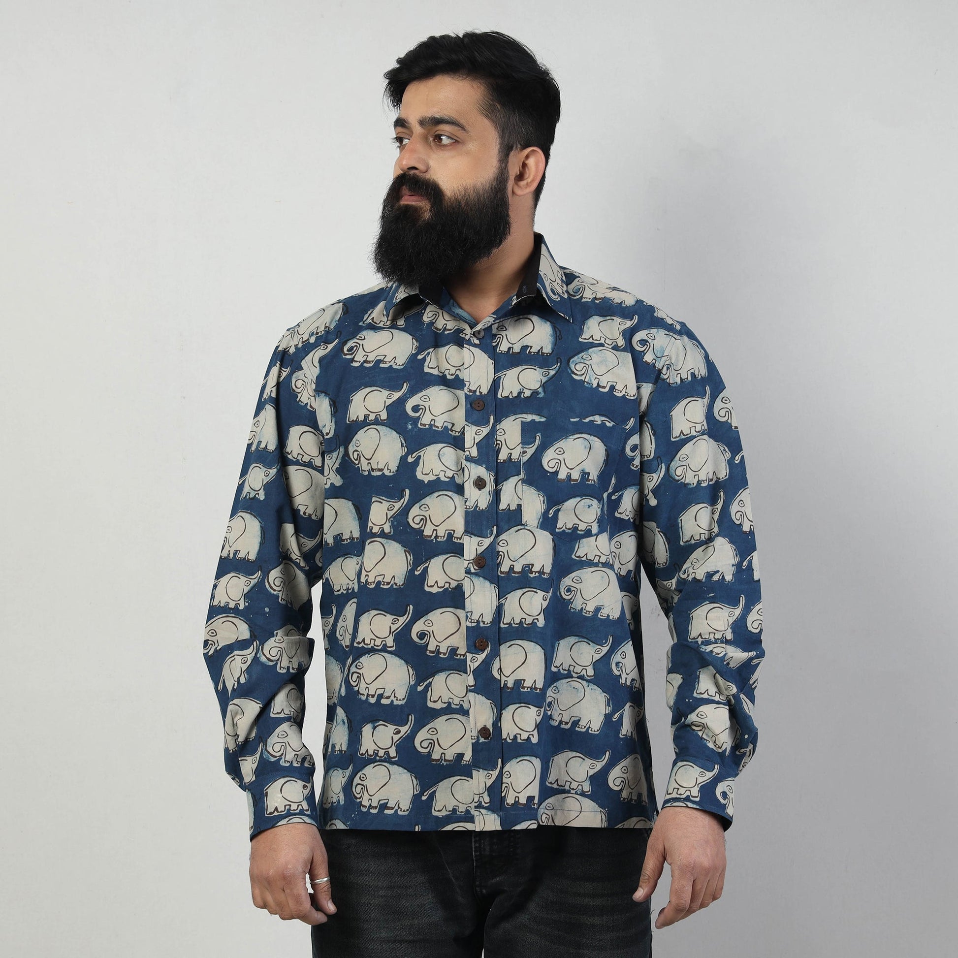 Blue - Bindaas Block Art Printed Cotton Men Full Sleeve Shirt