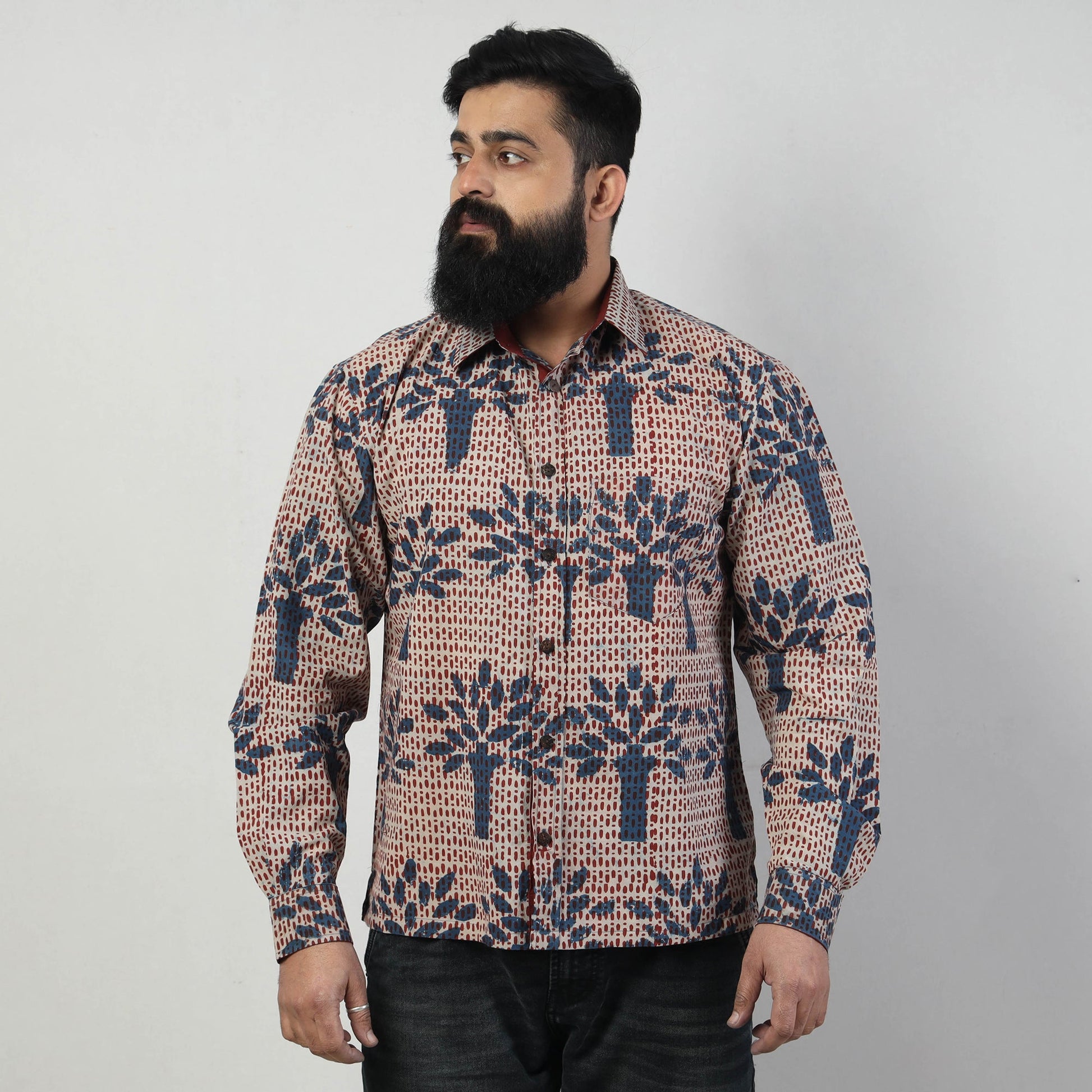Blue - Bindaas Block Art Printed Cotton Men Full Sleeve Shirt