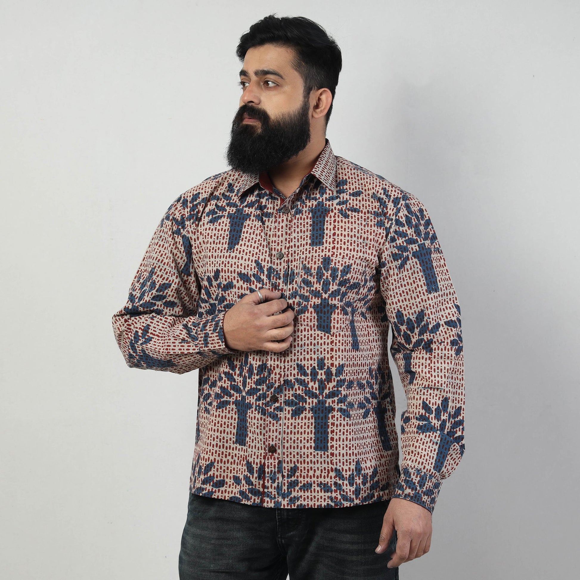Blue - Bindaas Block Art Printed Cotton Men Full Sleeve Shirt