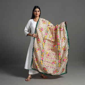 Beige - Hand Embroidery Chanderi Silk Phulkari Dupatta 54