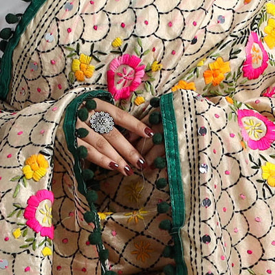 Beige - Hand Embroidery Chanderi Silk Phulkari Dupatta 54