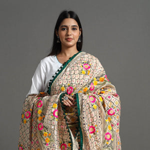Beige - Hand Embroidery Chanderi Silk Phulkari Dupatta 54