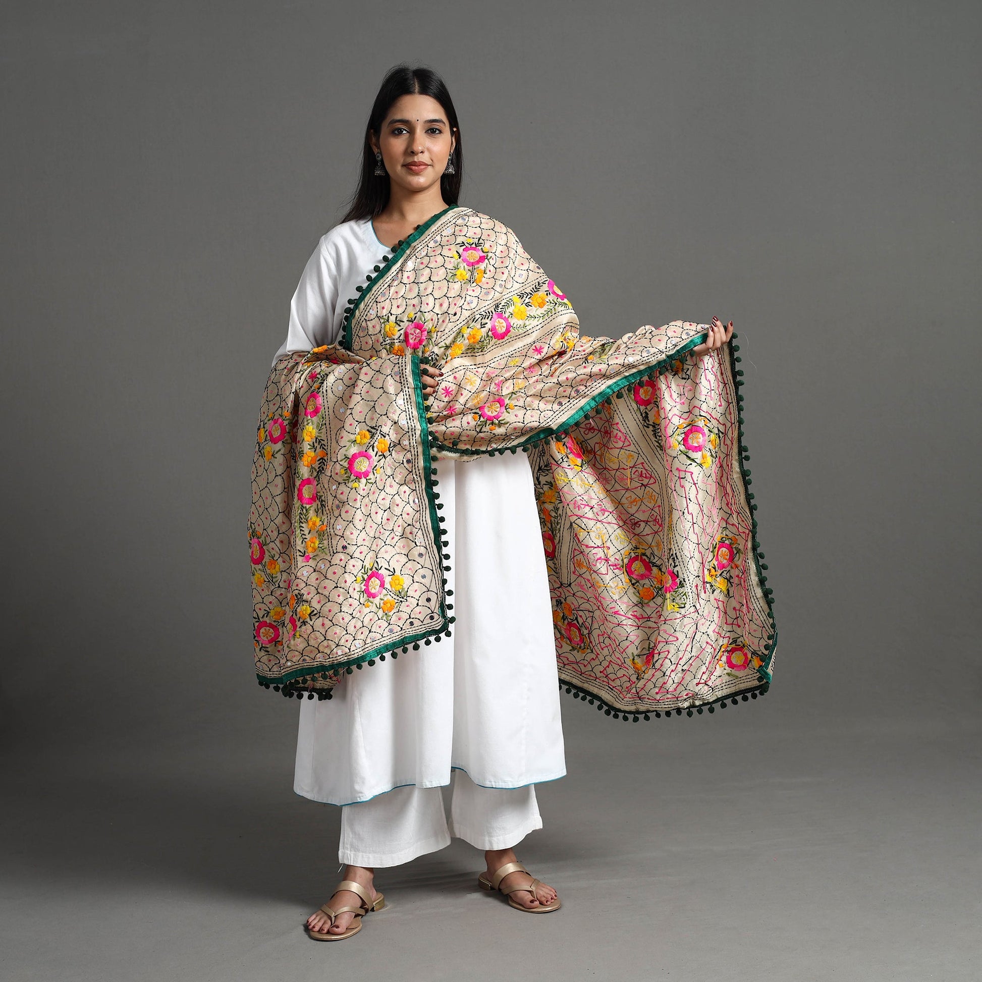 Beige - Hand Embroidery Chanderi Silk Phulkari Dupatta 54