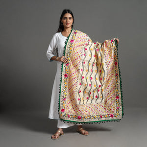 Beige - Hand Embroidery Chanderi Silk Phulkari Dupatta 71