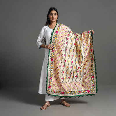Beige - Hand Embroidery Chanderi Silk Phulkari Dupatta 71
