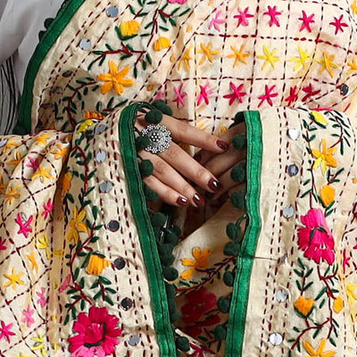 Beige - Hand Embroidery Chanderi Silk Phulkari Dupatta 71