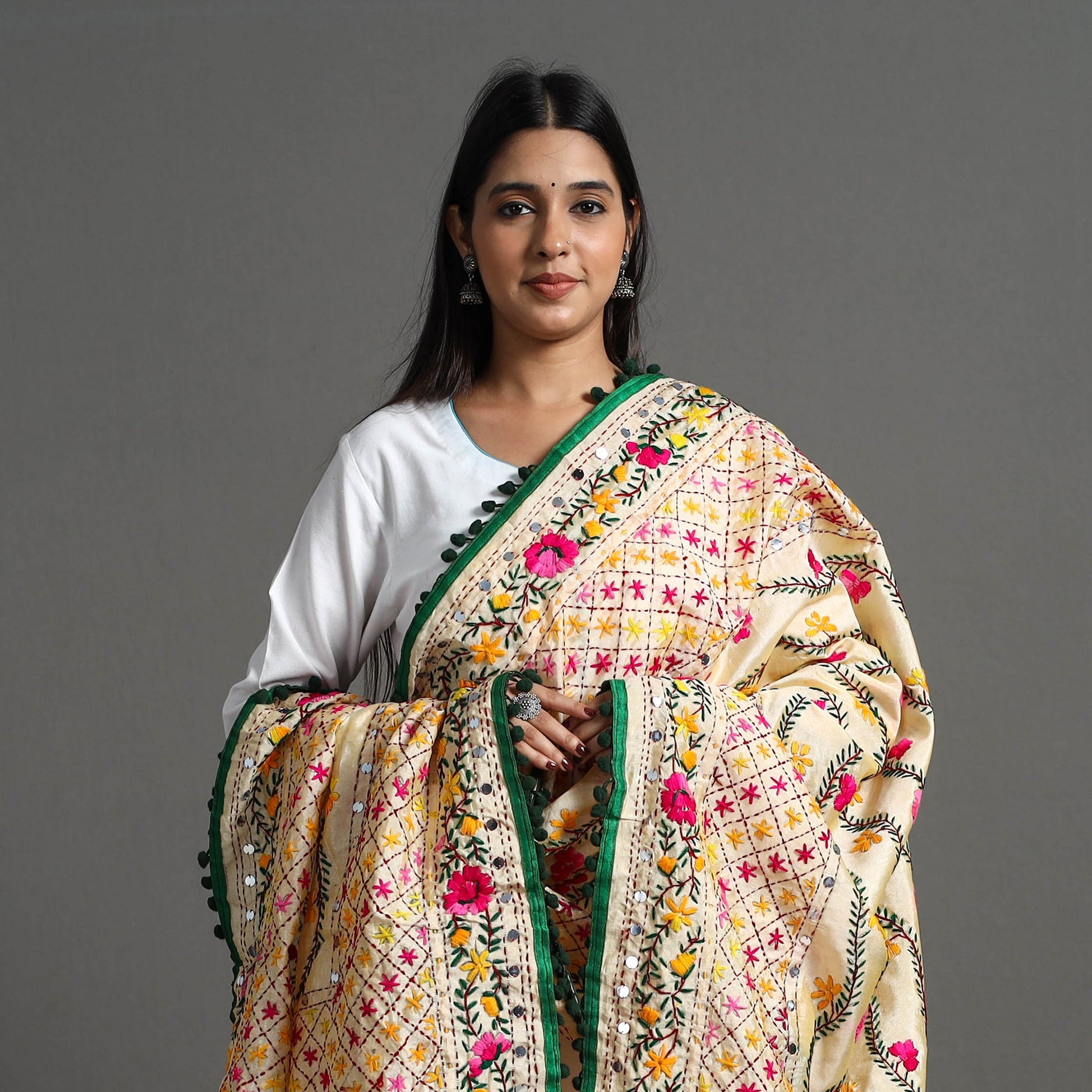 Beige - Hand Embroidery Chanderi Silk Phulkari Dupatta 71