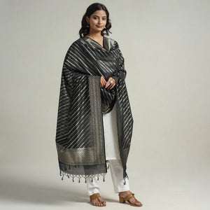 Black - Banarasi Semi Silk Zari Jaal Dupatta with Tassels 03