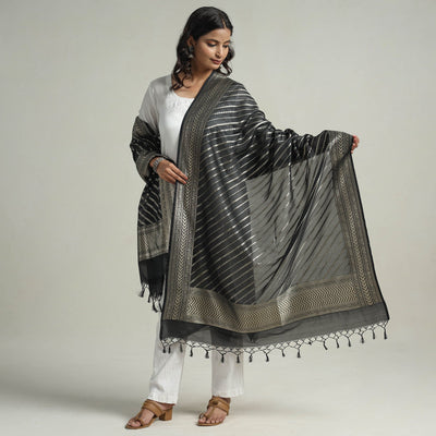 Black - Banarasi Semi Silk Zari Jaal Dupatta with Tassels 03