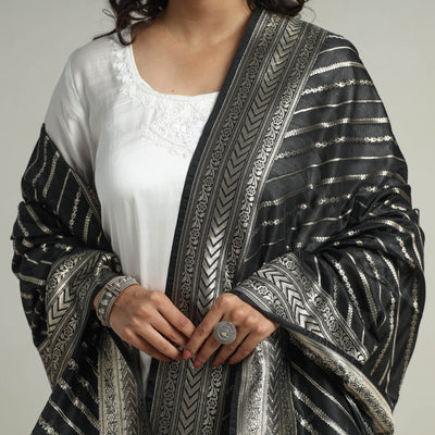 Black - Banarasi Semi Silk Zari Jaal Dupatta with Tassels 03