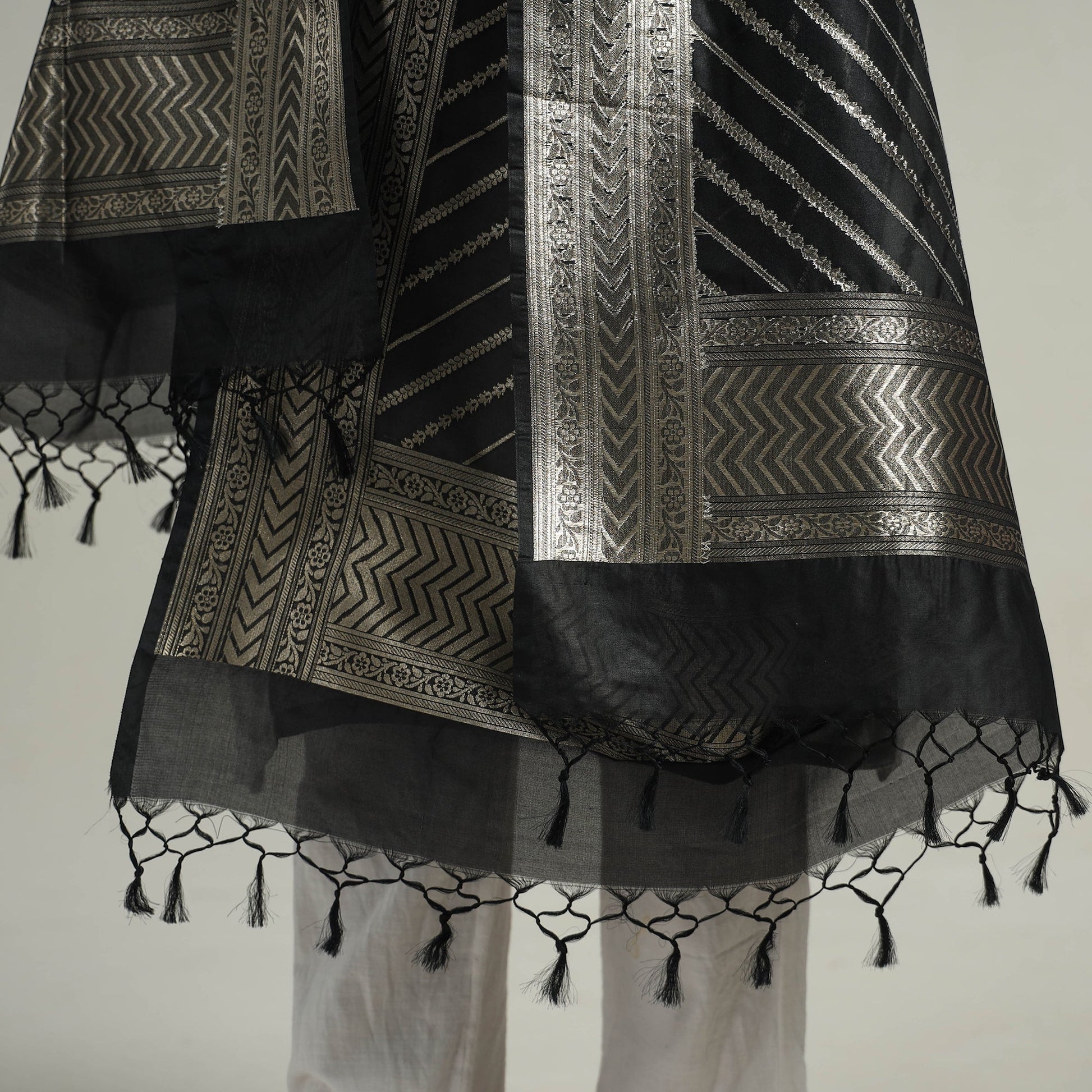 Black - Banarasi Semi Silk Zari Jaal Dupatta with Tassels 03