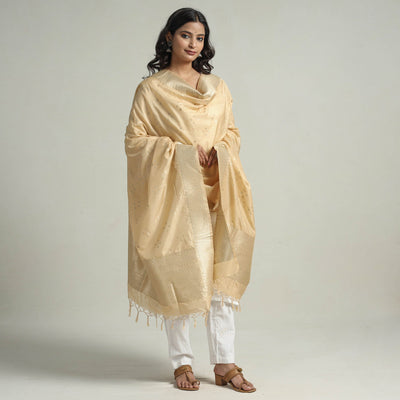 Beige - Banarasi Semi Silk Zari Jaal Dupatta with Tassels 05