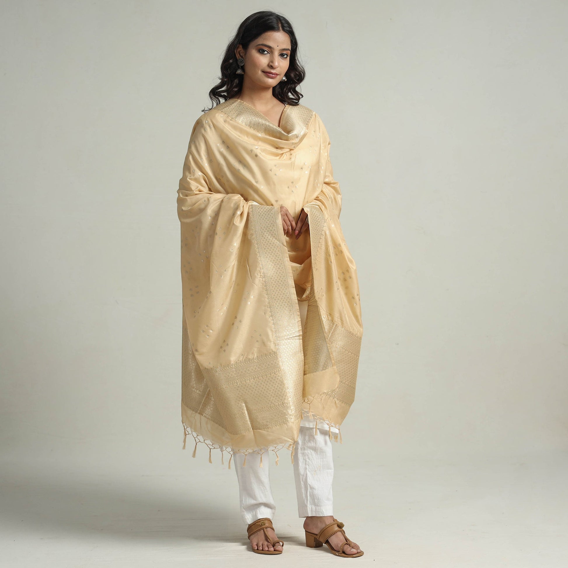 Beige - Banarasi Semi Silk Zari Jaal Dupatta with Tassels 05