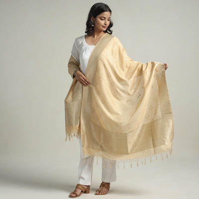 Beige - Banarasi Semi Silk Zari Jaal Dupatta with Tassels 05