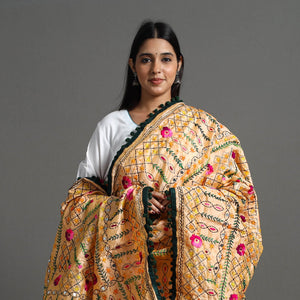 Beige - Hand Embroidery Chanderi Silk Phulkari Dupatta 88