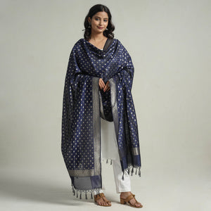 Blue - Banarasi Semi Silk Zari Jaal Dupatta with Tassels 08