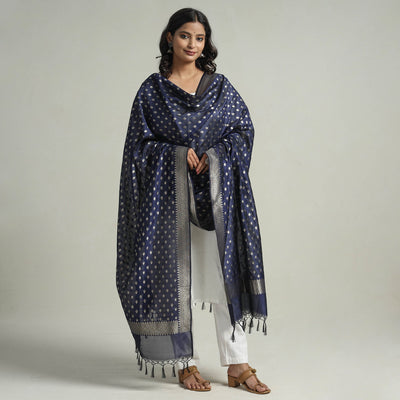 Blue - Banarasi Semi Silk Zari Jaal Dupatta with Tassels 08