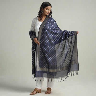 Blue - Banarasi Semi Silk Zari Jaal Dupatta with Tassels 08