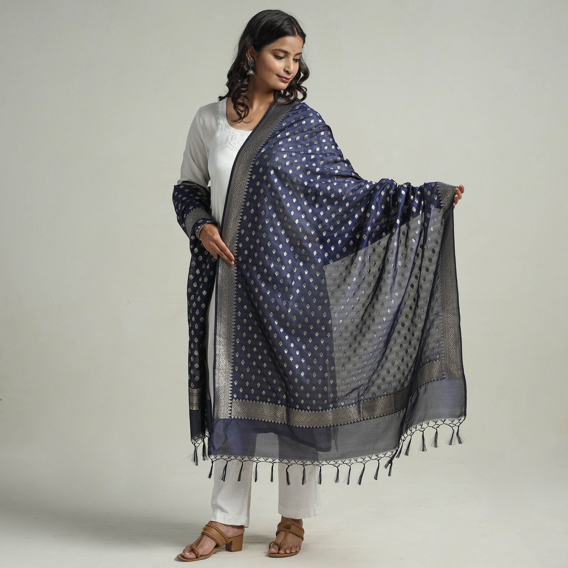 Blue - Banarasi Semi Silk Zari Jaal Dupatta with Tassels 08