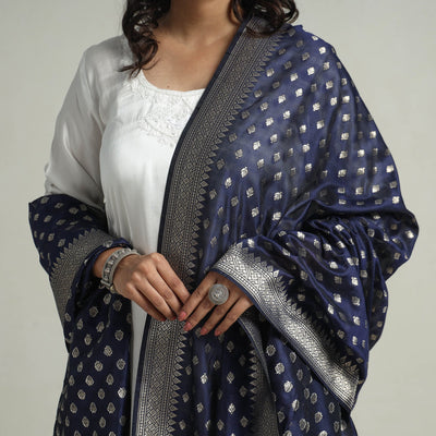 Blue - Banarasi Semi Silk Zari Jaal Dupatta with Tassels 08