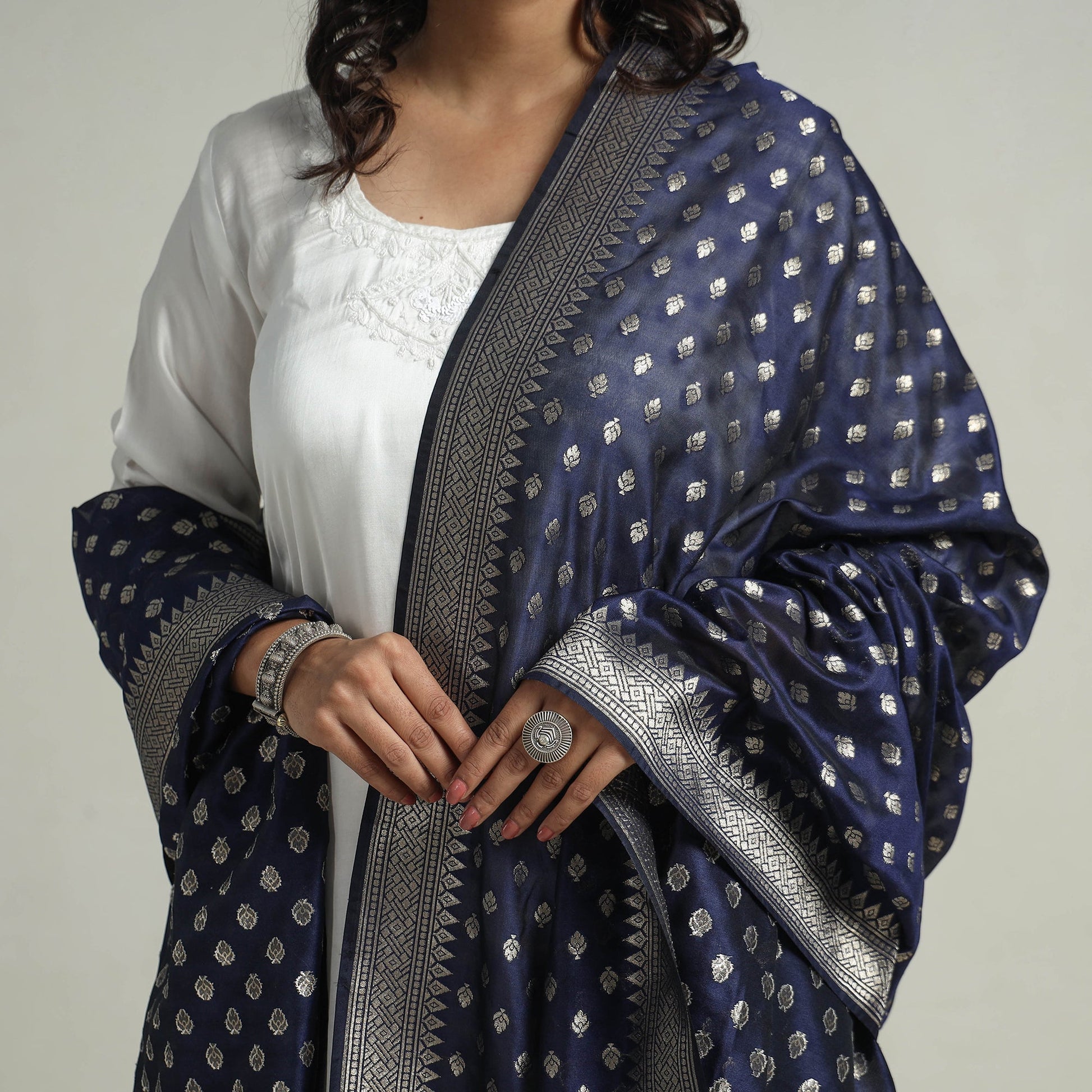 Blue - Banarasi Semi Silk Zari Jaal Dupatta with Tassels 08