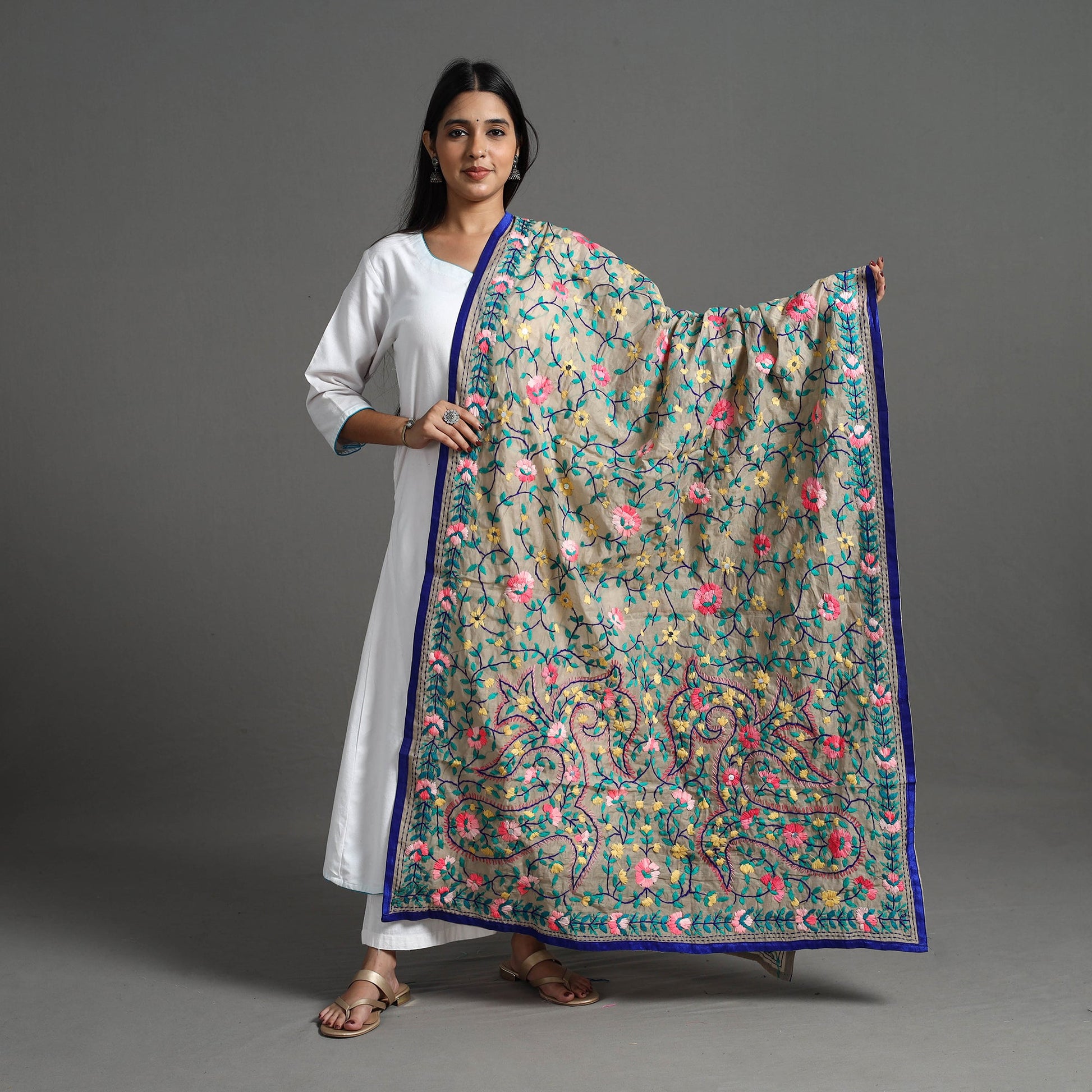 Beige - Chanderi Silk Hand Embroidery Phulkari Dupatta 95