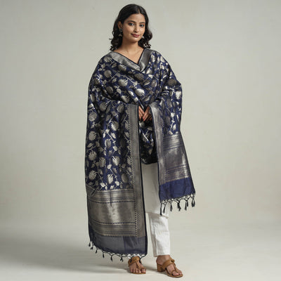 Blue - Banarasi Semi Silk Zari Jaal Dupatta with Tassels 11