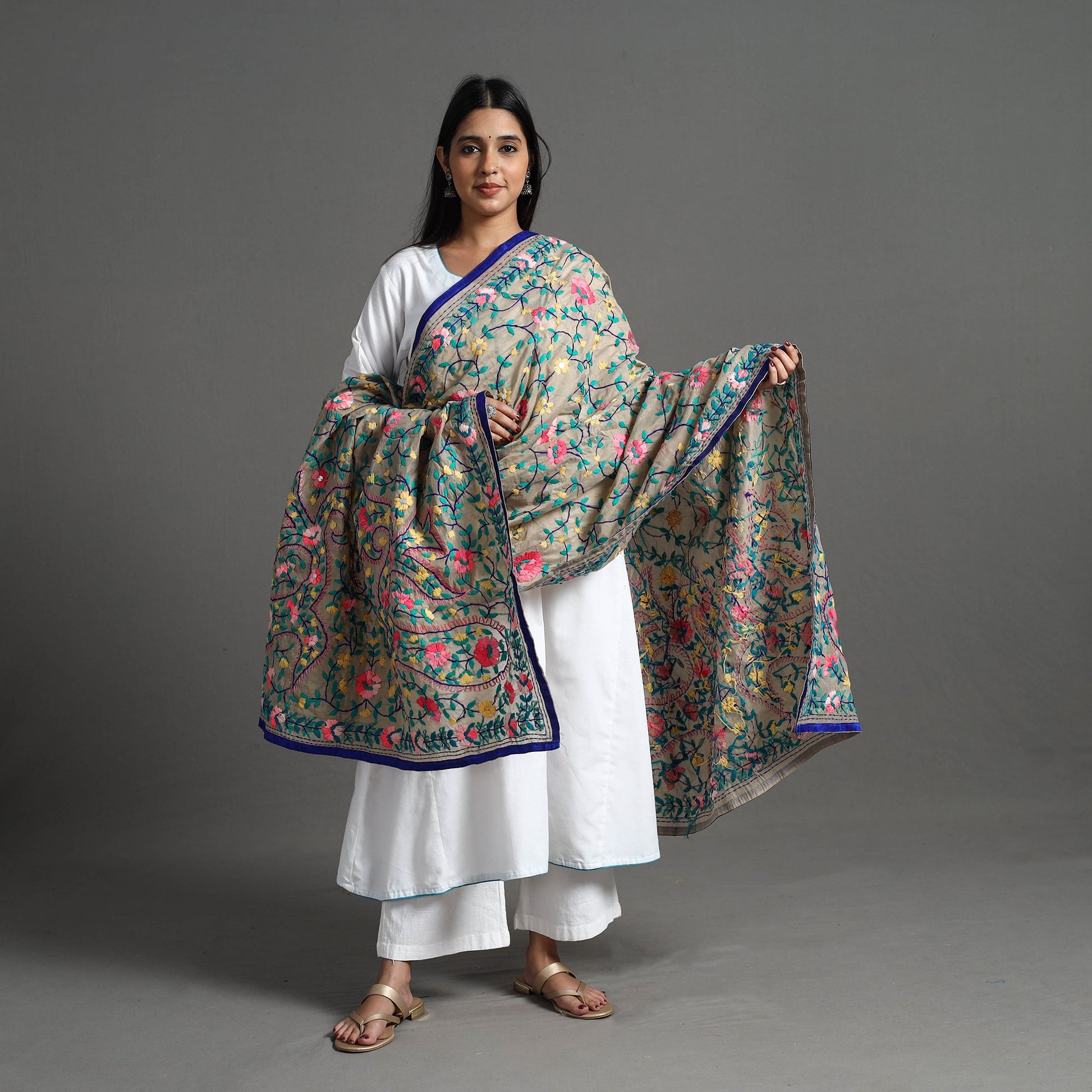 Beige - Chanderi Silk Hand Embroidery Phulkari Dupatta 95