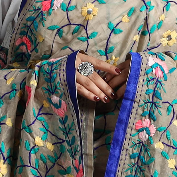 Beige - Chanderi Silk Hand Embroidery Phulkari Dupatta 95