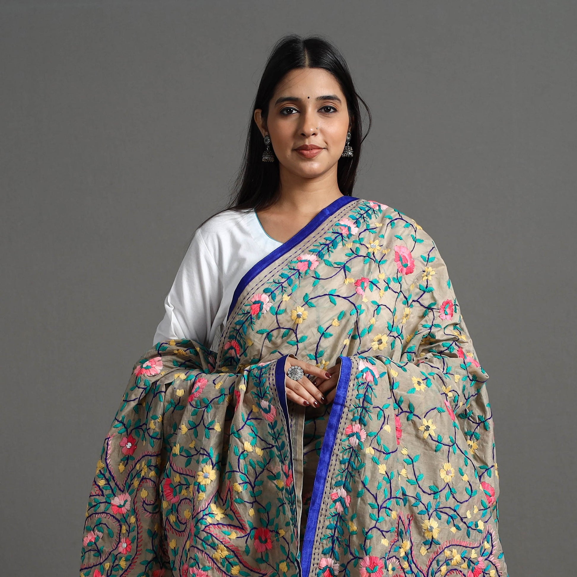 Beige - Chanderi Silk Hand Embroidery Phulkari Dupatta 95