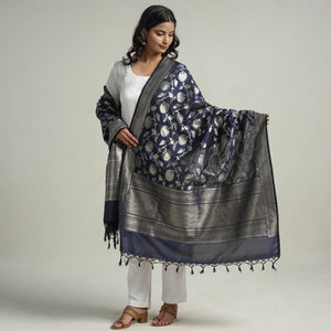 Blue - Banarasi Semi Silk Zari Jaal Dupatta with Tassels 11