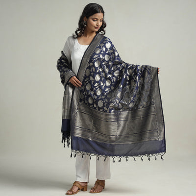 Blue - Banarasi Semi Silk Zari Jaal Dupatta with Tassels 11