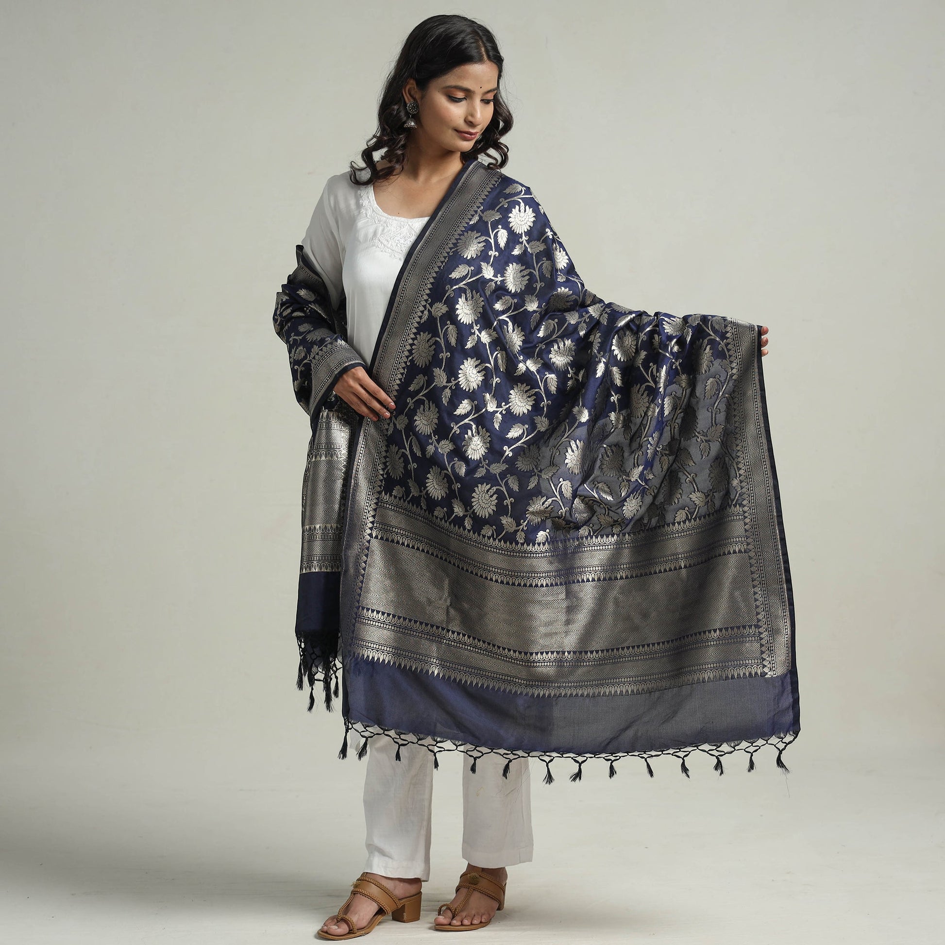 Blue - Banarasi Semi Silk Zari Jaal Dupatta with Tassels 11