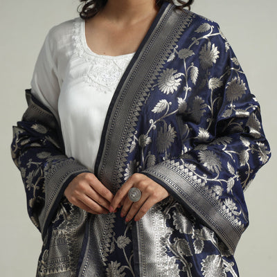 Blue - Banarasi Semi Silk Zari Jaal Dupatta with Tassels 11