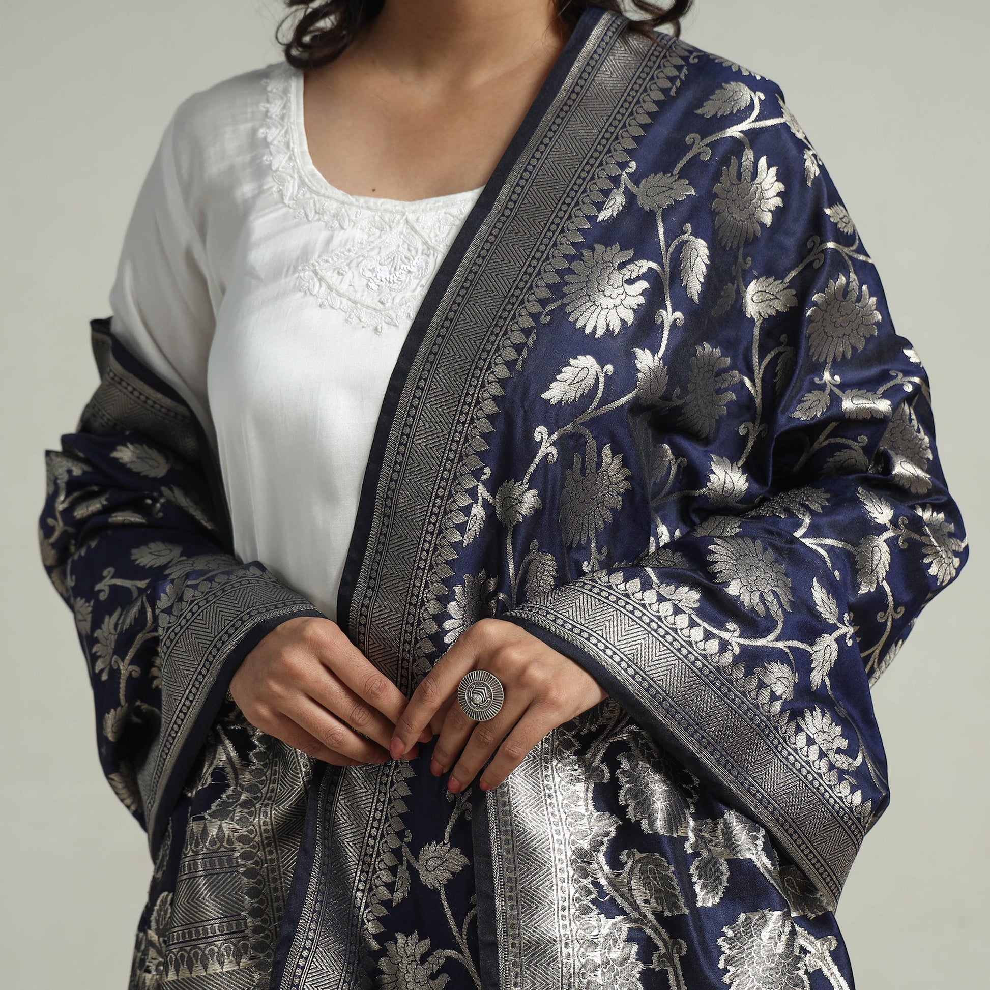Blue - Banarasi Semi Silk Zari Jaal Dupatta with Tassels 11