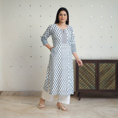 Blue - Block Print Cotton Straight Sanganeri Kurta 12