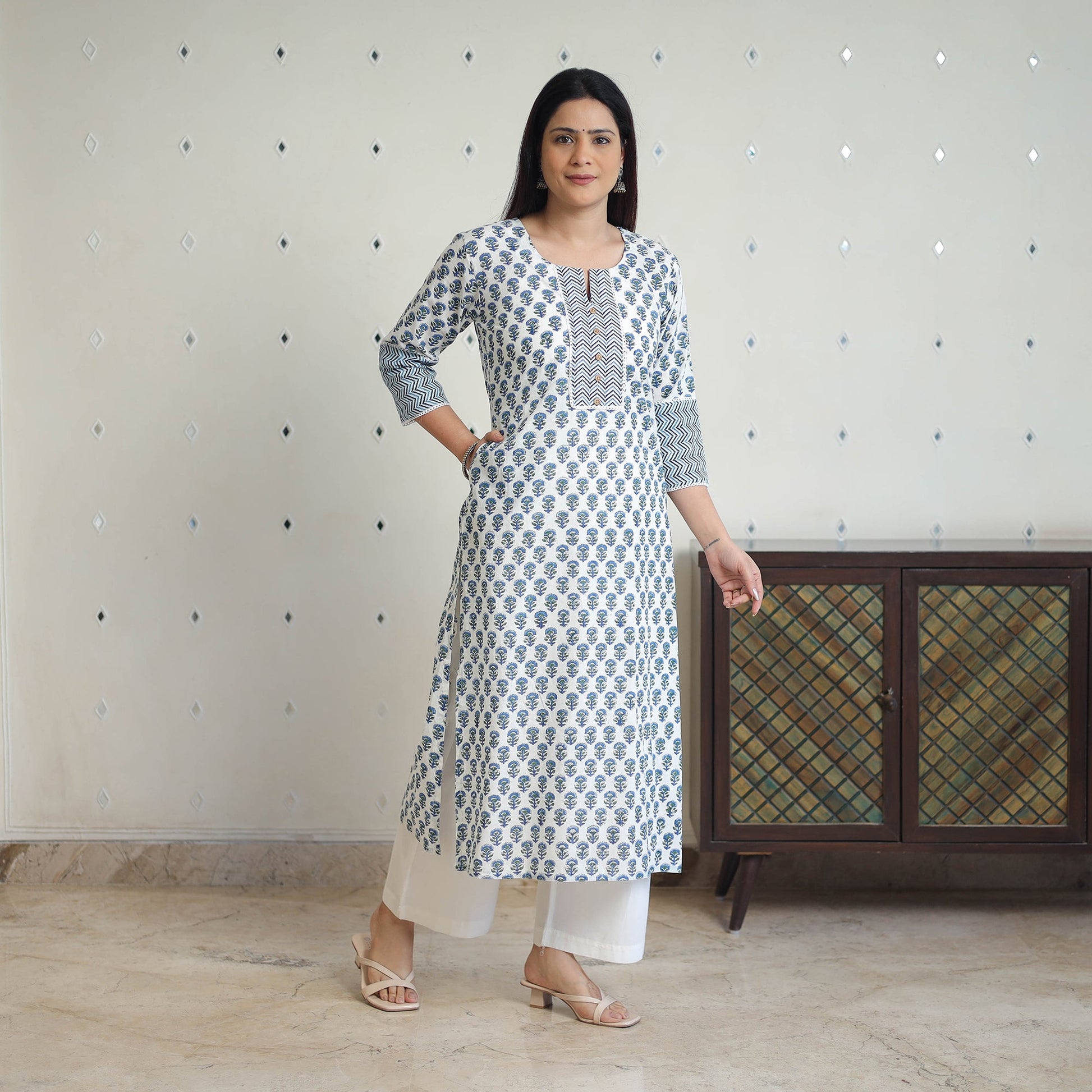Blue - Block Print Cotton Straight Sanganeri Kurta 12