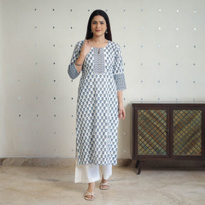 Blue - Block Print Cotton Straight Sanganeri Kurta 12