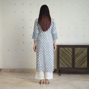 Blue - Block Print Cotton Straight Sanganeri Kurta 12